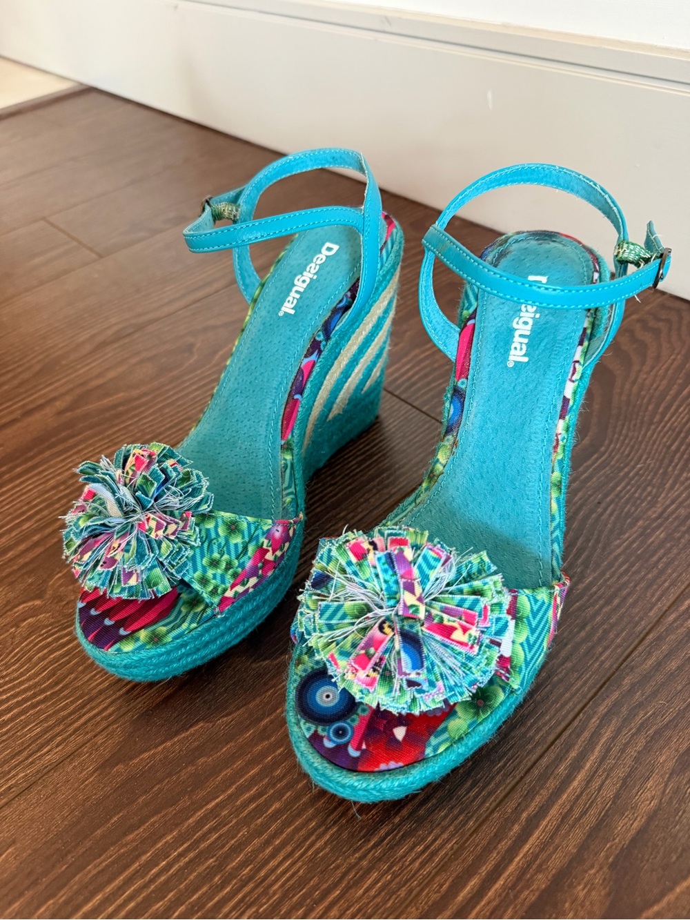 Desigual Turquoise Floral Pom-Pom Espadrille Wedge Sandals